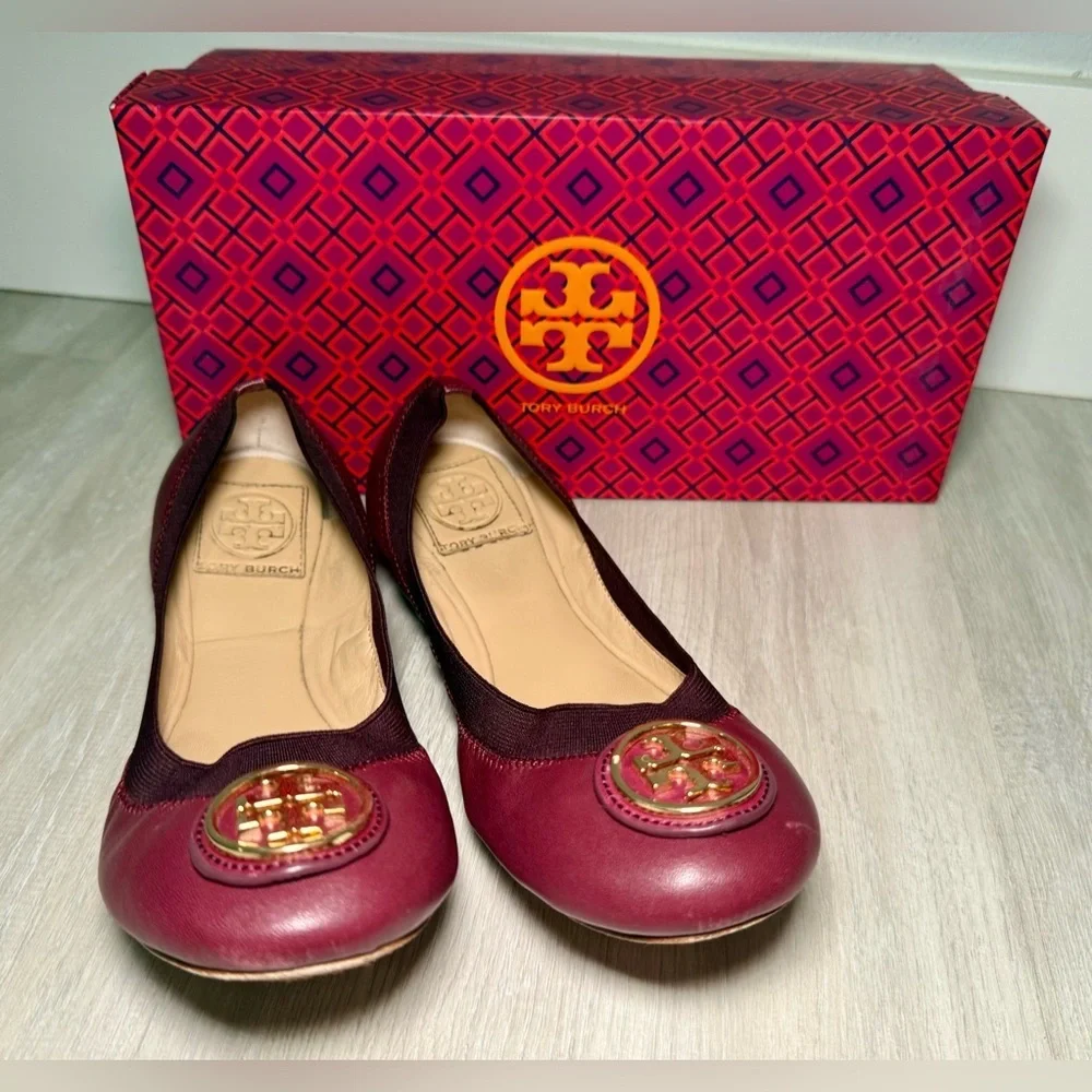 Tory Burch Burgundy Leather Ballet Flats Gold Logo Women Size 7.5 M